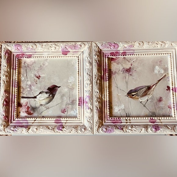 NWT Two 9x9” Delightful Framed Bird Wall Art Paints- Mauve Pinks & Bright White - Picture 6 of 16